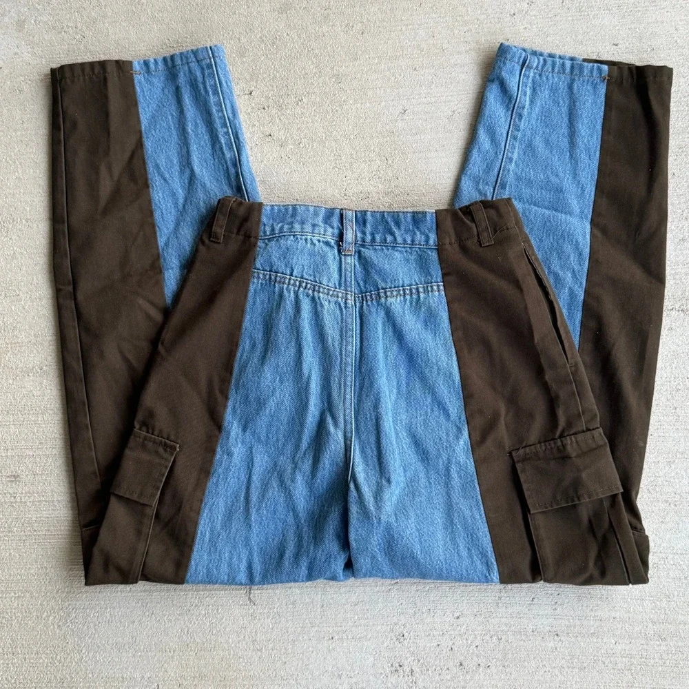 Future Collective Two-Tone Cargo Jeans Blue Brown Women's Size 00 Utility Pants